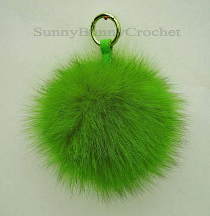 7" GREEN POM POM Keychain, Bag Charm,  Large Fox Bag Charm, Fur Key Chain Charm, Fox Fur Pom Pom, Fur Ball, Pendant Fur, Large Fur Pom pom