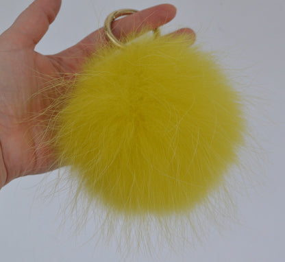 7" REAL FUR POM Pom Key chain, Large Raccoon Bag Charm, Key Chain Charm, Raccoon Fur Pom Pom, Yellow Fur Pom Pom, Fur Ball, Fur Keyring