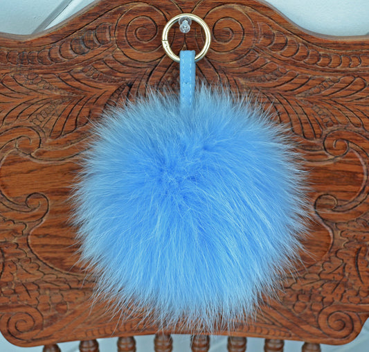 Blue real fox fur pom pom keychain and bag charm – main image