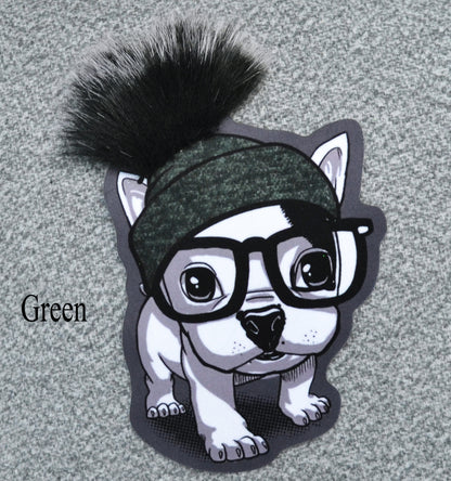 Extra Large Cute Dog Puppy Pug Soft Fabric Sewn On Patch Badge Applique Dog in Pom Pom Hat with Faux Fur Glasses Animal Patch