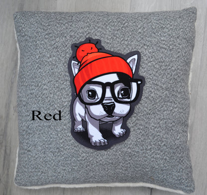 Extra Large Cute Dog Puppy Pug Soft Fabric Sewn On Patch Badge Applique Dog in Pom Pom Hat with Faux Fur Glasses Animal Patch