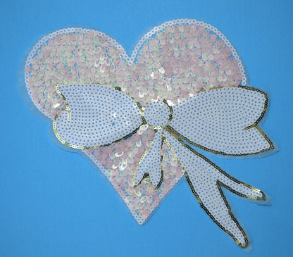Large Sequin Heart Patch, Heart Sew On Patch, Pink heart with bow, DIY Shirt Jacket Applique, Patches for Pillow/Clothing/Coat/Shirt