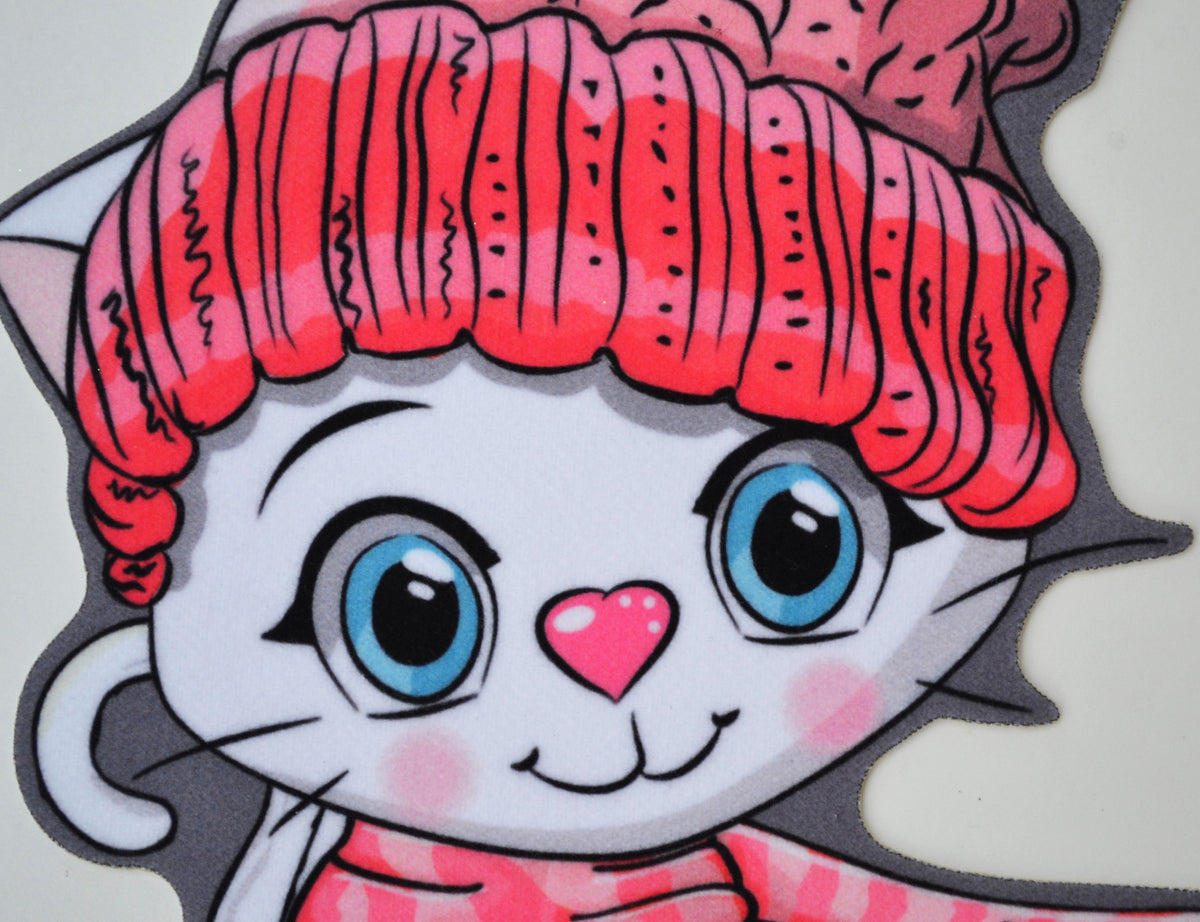 Cat in Pom Pom Hat Soft Fabric Large Sewn On Patch for Jacket Badge Cat Face Big Eyes Animal Applique Black Cat Embroidered Applique Patch