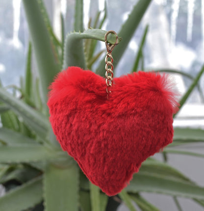 RED FUR HEART Key Chain, Rabbit Fur Pom Pom Keychain, Fur charm, Key Ring Rabbit Bag Pendant, Fur heart keychain, fur handbag accessory