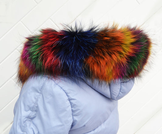 Multicolor real raccoon fur collar for coat or hood – front view