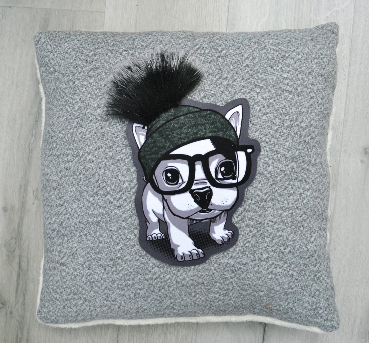 Extra Large Cute Dog Puppy Pug Soft Fabric Sewn On Patch Badge Applique Dog in Pom Pom Hat with Faux Fur Glasses Animal Patch
