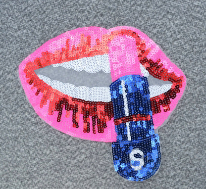 XL Sewn On Sequin Embroidery Red Pink Mouth Teeth Biting Lips Patch Badge Mouth with Lipstick Bite Red Lips Applique for denim jacket shirt