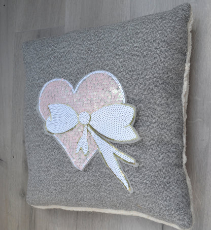 Large Sequin Heart Patch, Heart Sew On Patch, Pink heart with bow, DIY Shirt Jacket Applique, Patches for Pillow/Clothing/Coat/Shirt