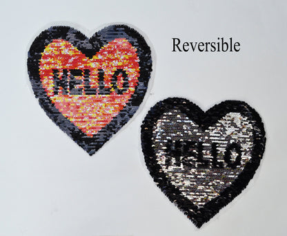 Sequin Heart Patch, Heart Sew On Patch, Hello patch, Reversible Changeable Applique, DIY Shirt Jacket Patch for Clothing, Badge