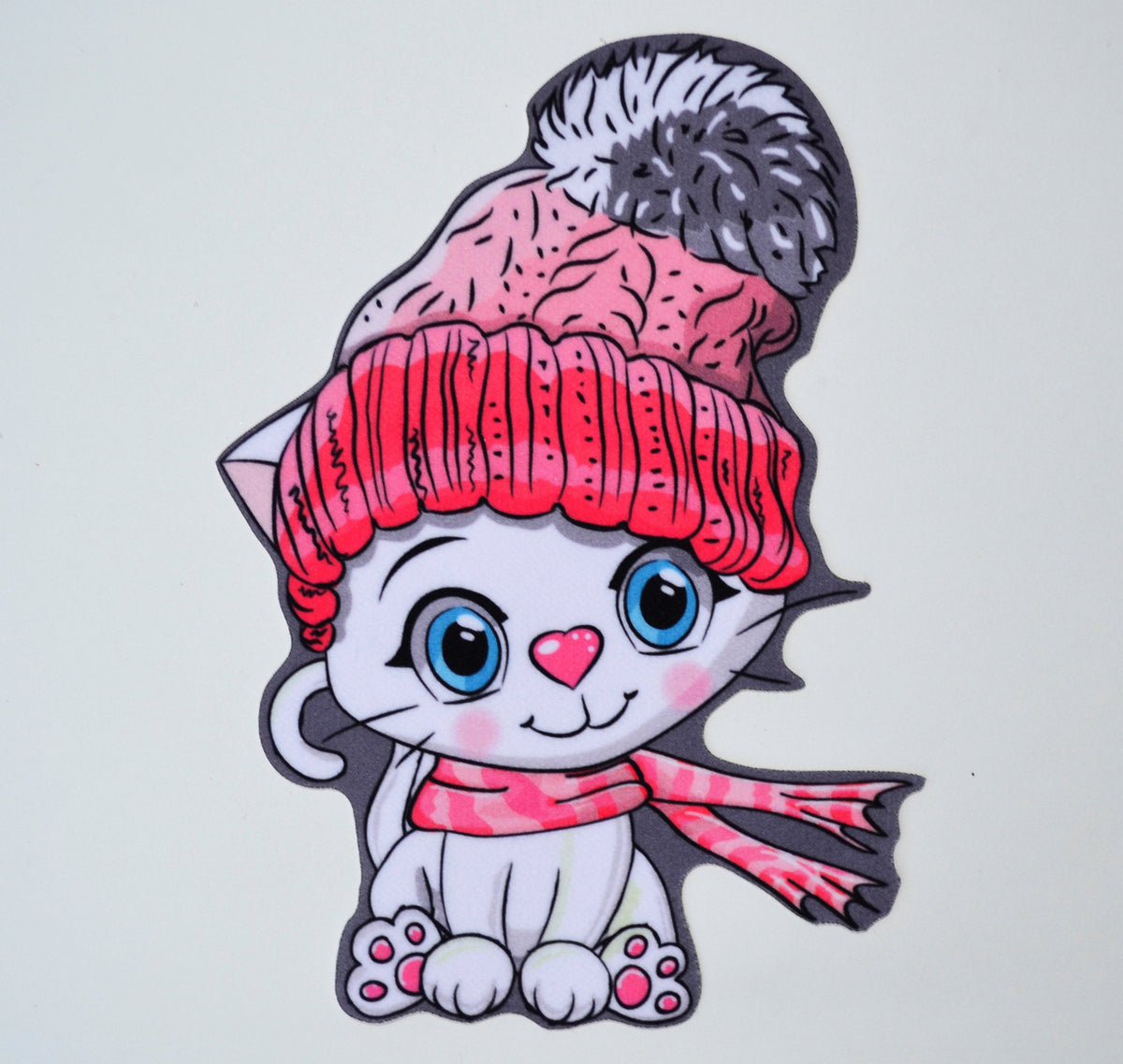 Cat in Pom Pom Hat Soft Fabric Large Sewn On Patch for Jacket Badge Cat Face Big Eyes Animal Applique Black Cat Embroidered Applique Patch