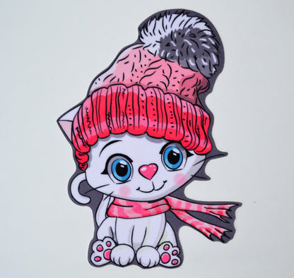 Cat in Pom Pom Hat Soft Fabric Large Sewn On Patch for Jacket Badge Cat Face Big Eyes Animal Applique Black Cat Embroidered Applique Patch