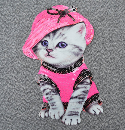 XL Cat in the Hat Soft Fabric Sequin Embroidery Sewn On Patch Jacket Badge Cat Face Big Eye Animal Applique Cat Embroidery Applique Patch