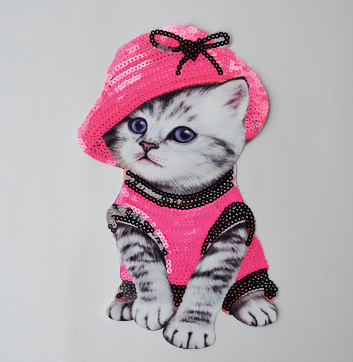 XL Cat in the Hat Soft Fabric Sequin Embroidery Sewn On Patch Jacket Badge Cat Face Big Eye Animal Applique Cat Embroidery Applique Patch