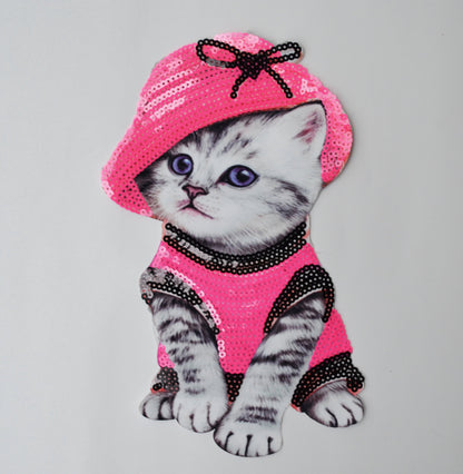 XL Cat in the Hat Soft Fabric Sequin Embroidery Sewn On Patch Jacket Badge Cat Face Big Eye Animal Applique Cat Embroidery Applique Patch