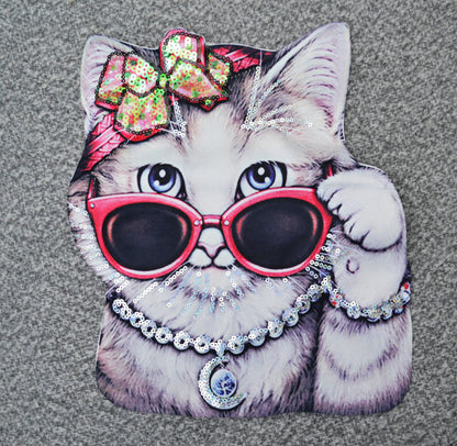 XXL Cool Cat in Glasses Fabric Sequin Embroidery Sewn On Patch Jacket Badge Cat Face Big Eye Animal Applique Cat Embroidery Applique Patch