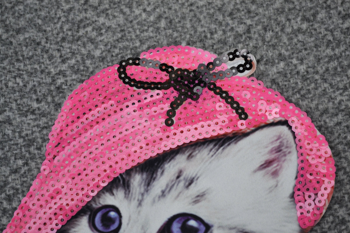 XL Cat in the Hat Soft Fabric Sequin Embroidery Sewn On Patch Jacket Badge Cat Face Big Eye Animal Applique Cat Embroidery Applique Patch