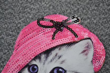 XL Cat in the Hat Soft Fabric Sequin Embroidery Sewn On Patch Jacket Badge Cat Face Big Eye Animal Applique Cat Embroidery Applique Patch