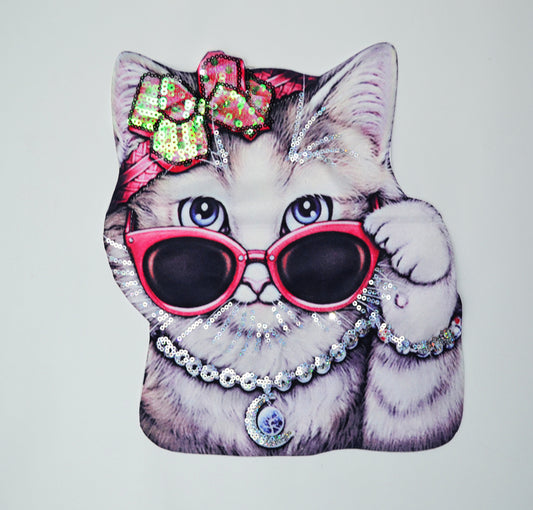 XXL Cool Cat in Glasses Fabric Sequin Embroidery Sewn On Patch Jacket Badge Cat Face Big Eye Animal Applique Cat Embroidery Applique Patch