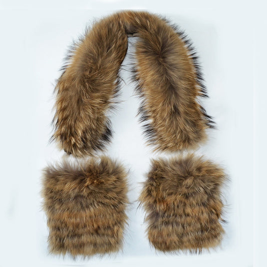 Real raccoon fur collar and fur pockets set – front view