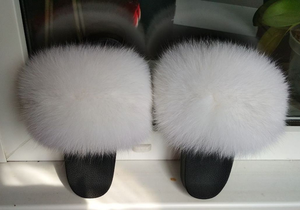 Women's Slippers Summer Sandals Real Fox Fur Slides Fluffy Flip