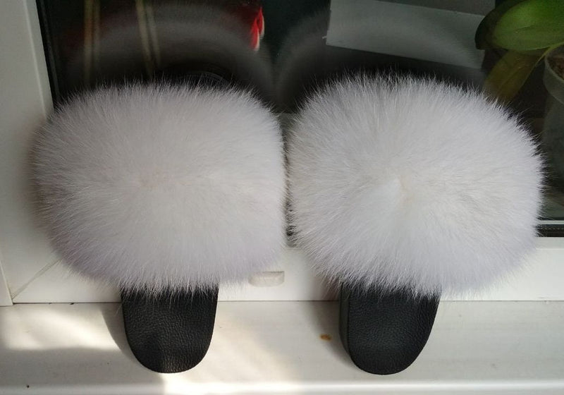 BY ORDER Off White Real Fox Fur Slides Women Girl Leather Beach Large Finnish Fox Fur Sandals Summer Slippers Fashion Fluffy Shoes Flip Flop