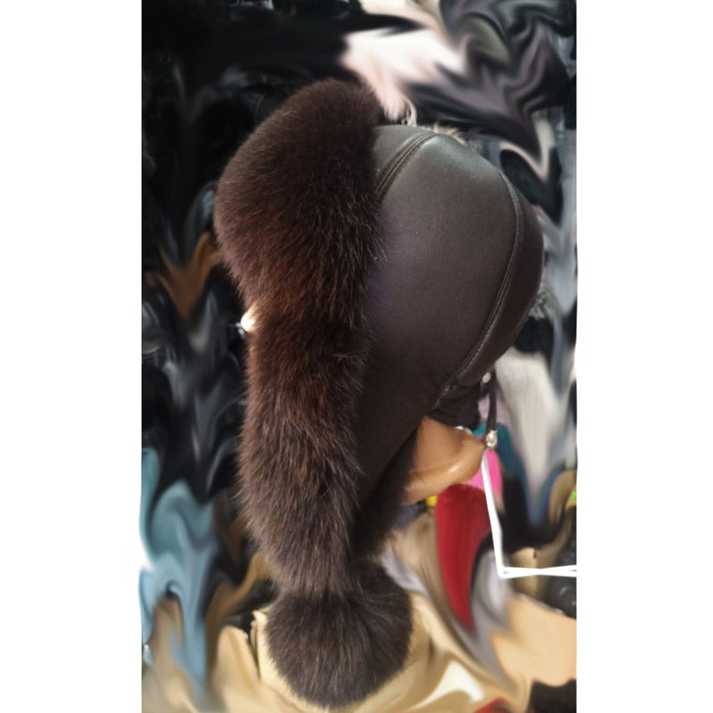 BY ORDER Women Fur Hat, Real Leather Fox Fur Hat, Aviator Hat, Ushanka, Russian Hat, Ski Hat, Leather Hat Ear Flaps, Girl Trapper Hat Brown