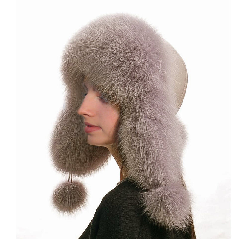 BY ORDER Women Fur Hat, Real Leather Fox Fur Hat, Aviator Hat, Ushanka, Russian Hat, Ski Hat, Leather Hat Ear Flaps, Girl Trapper Hat Lilac