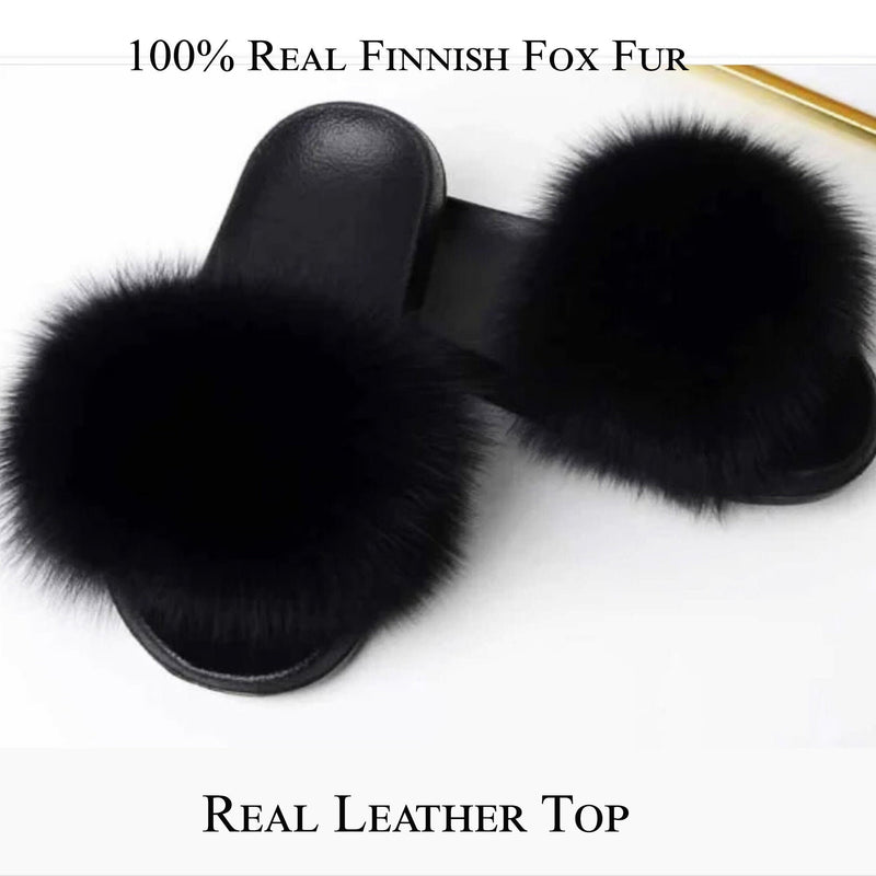 BY ORDER Black Real Fox Fur Slippers Women Girl Beach Large Finnish Fox Fur Sandals Summer Slides Fashion Fluffy Shoes Flip Flops Leather