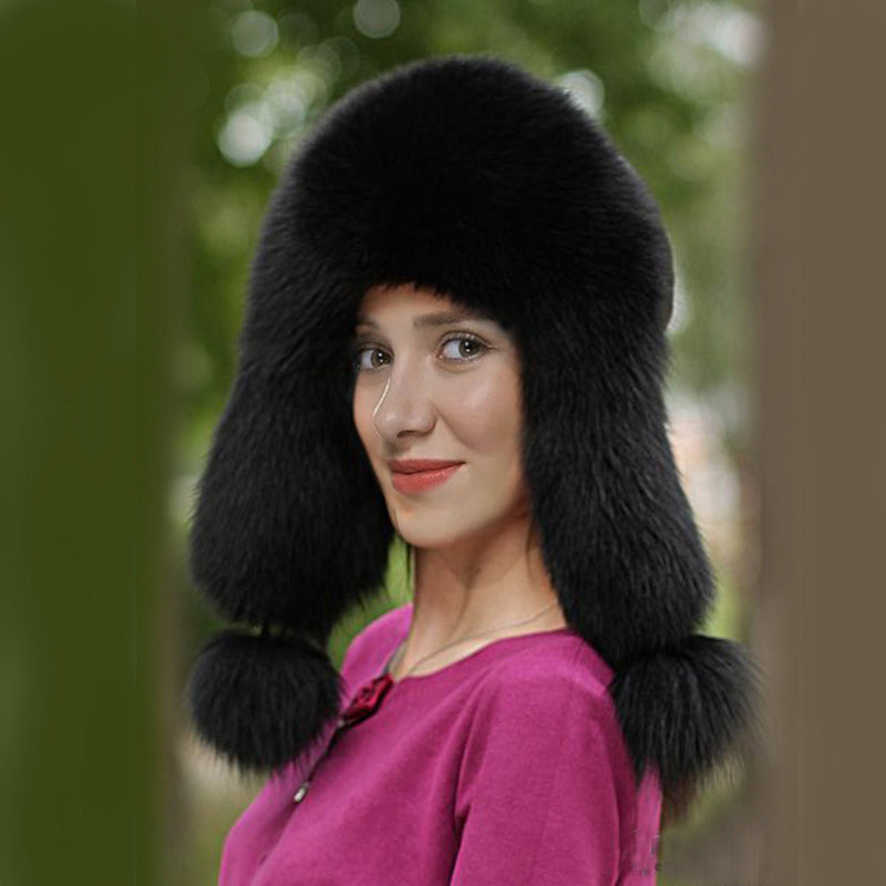 BY ORDER Women Fur Hat, Real Leather Fox Fur Hat, Aviator Hat, Ushanka, Russian Hat, Ski Hat, Leather Hat Ear Flaps, Girl Trapper Hat Black
