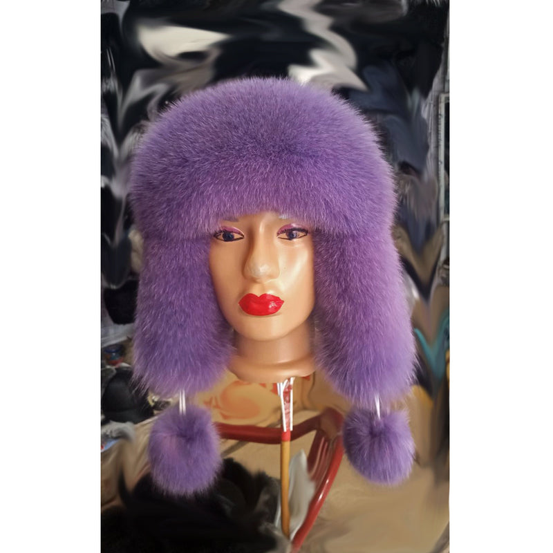 BY ORDER Women Fur Hat, Real Leather Fox Fur Hat, Aviator Hat, Ushanka, Russian Hat, Ski Hat, Leather Hat Ear Flaps, Girl Trapper Hat Lilac