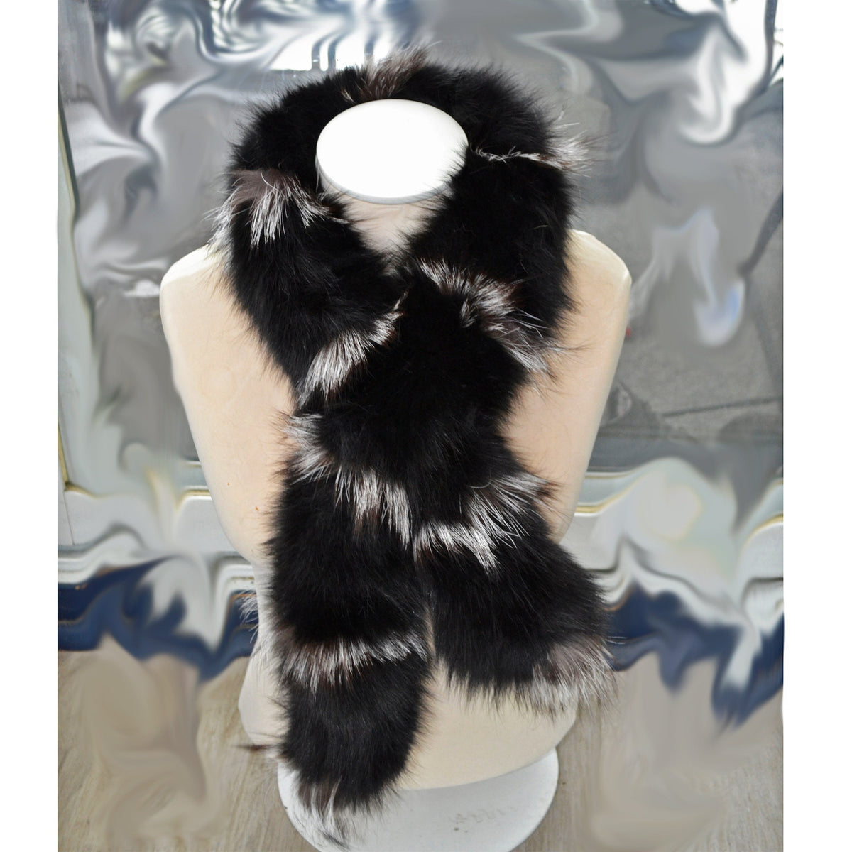 Black real fox fur scarf made from genuine fox pelt – front view