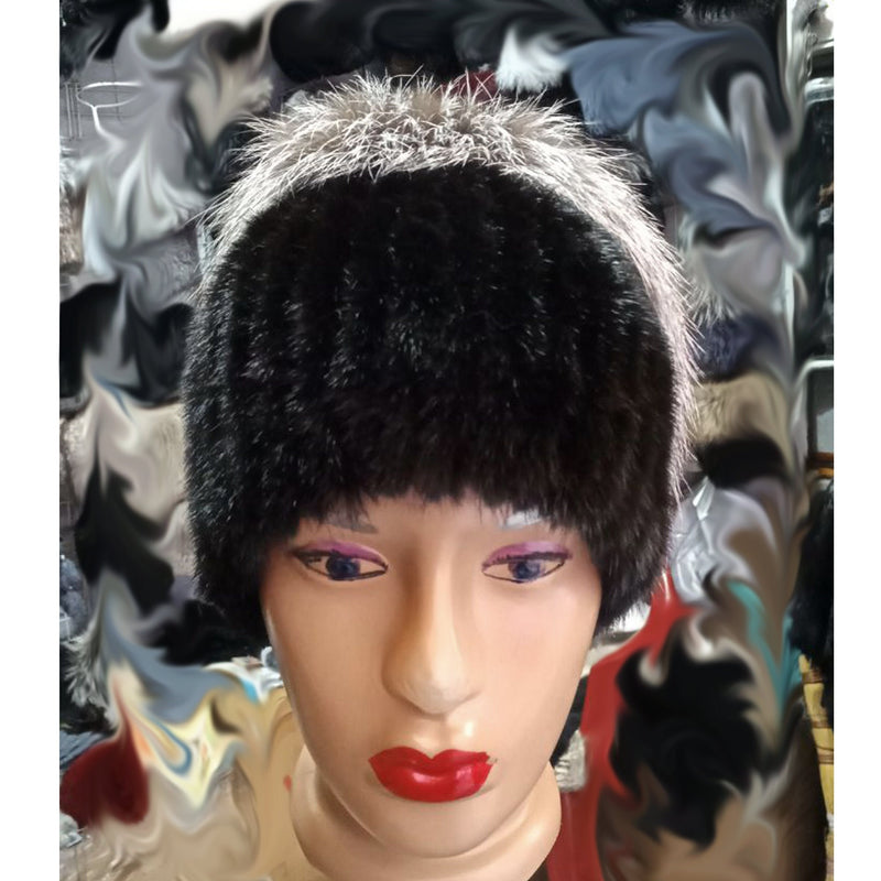 BY ORDER Women Mink and Silver fox Fur Hat, Mink Fur Hat, Stretchy Mink Fur hat, Double color Knit Fur Hat, Mink Fur Hat Large Pom Pom, Girl