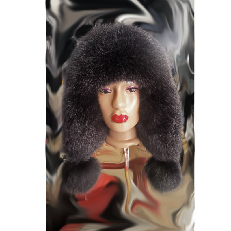 BY ORDER Women Fur Hat, Real Leather Fox Fur Hat, Aviator Hat, Ushanka, Russian Hat, Ski Hat, Leather Hat Ear Flaps, Girl Trapper Hat Black