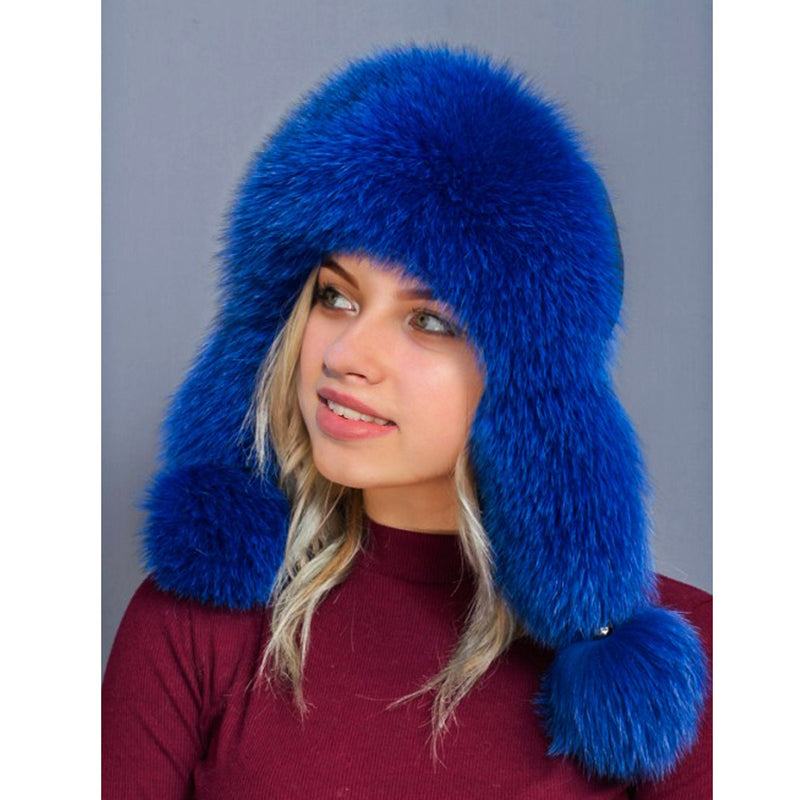 BY ORDER Women Fur Hat, Real Leather Fox Fur Hat, Aviator Hat, Ushanka, Russian Hat, Ski Hat, Leather Hat Ear Flaps, Girl Trapper Hat Blue