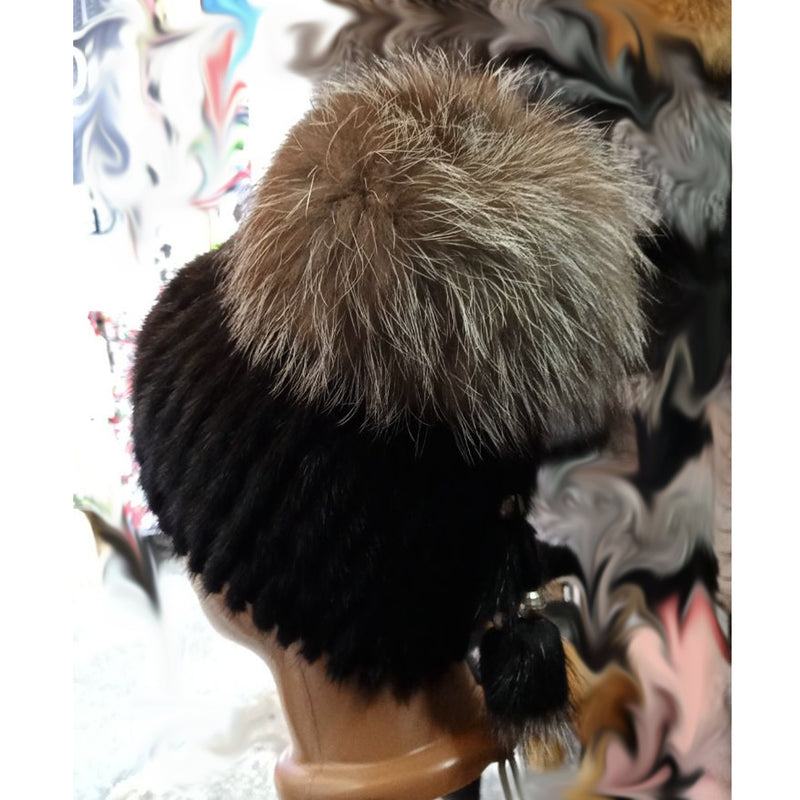 BY ORDER Women Mink and Silver fox Fur Hat, Mink Fur Hat, Stretchy Mink Fur hat, Double color Knit Fur Hat, Mink Fur Hat Large Pom Pom, Girl