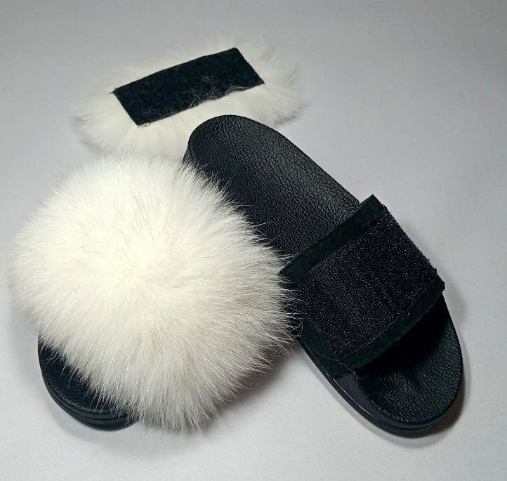 BY ORDER Changing Colors Real Fox Fur Slides with Velcro Women Leather Beach Large  Fox Fur Sandals Summer Slippers Fluffy Shoes Flip Flops
