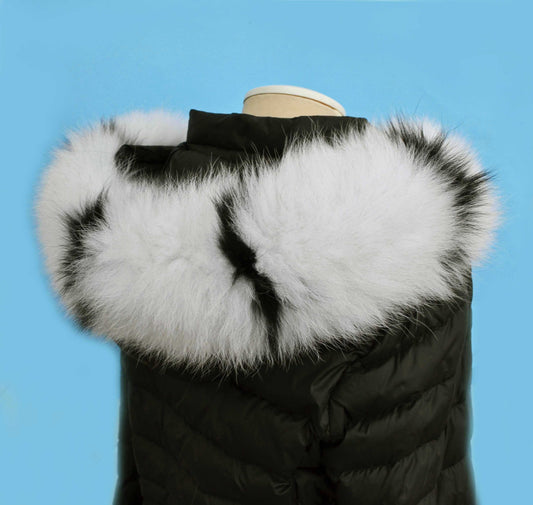 BY ORDER XXL Real Fox Fur (skin) Trim Hood with lining and buttons, White and Black Fox Fur Collar, Large Fur Scarf Ruff, Real Fur Hood