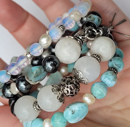 Larimar Bracelet 925 Sterling Silver, Blue Stone Bracelet, Multi Strand Bracelet, Moonstone, Freshwater Pearls, Memory Wire, Gemstone Cuff