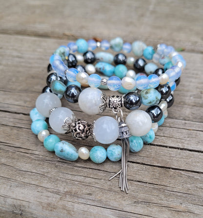 Larimar Bracelet 925 Sterling Silver, Blue Stone Bracelet, Multi Strand Bracelet, Moonstone, Freshwater Pearls, Memory Wire, Gemstone Cuff