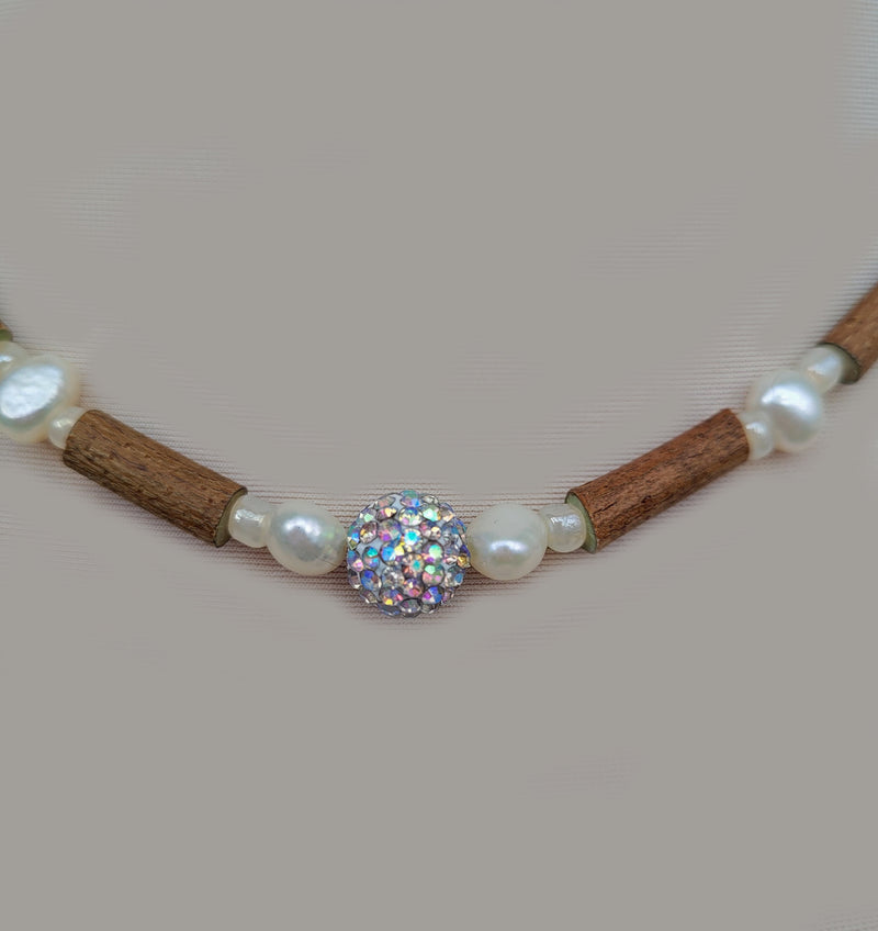 Hazelwood Pearl Crystal Stone Necklace, Genuine Fresh Water Pearls, Wooden Necklace, Healing Necklace Choker, Beaded Women Necklace
