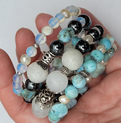 Larimar Bracelet 925 Sterling Silver, Blue Stone Bracelet, Multi Strand Bracelet, Moonstone, Freshwater Pearls, Memory Wire, Gemstone Cuff