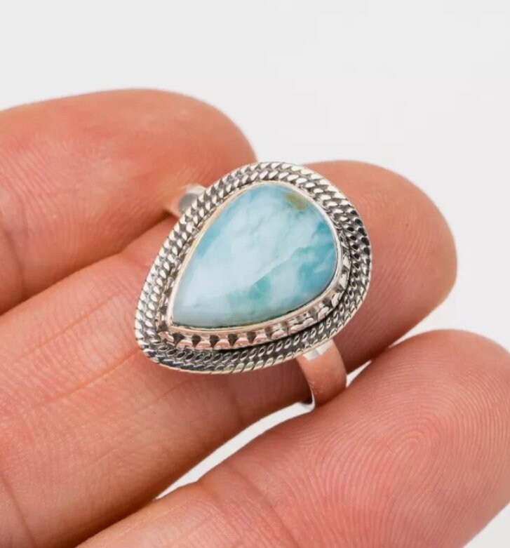 Natural Dominican Larimar Ring, Blue Stone Ring, 925 Sterling Silver Ring, Designer Handmade Statement Ring, Larimar Stone, Tear Drop size 8