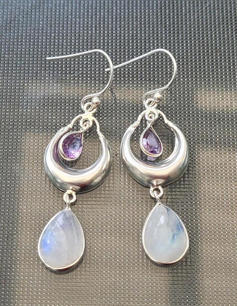 Moonstone Earrings, Amethyst Stone Earrings, 925 Sterling Silver Earrings, Gemstone Dainty Earrings, White stone Earrings, Long Earrings