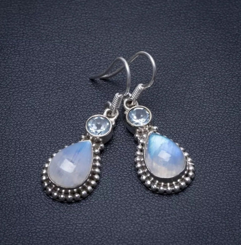 Moonstone Blue Topaz Stone Earrings, 925 Sterling Silver Earrings, Gemstone Dainty Earrings, White stone Earrings, Long Dangle Earrings