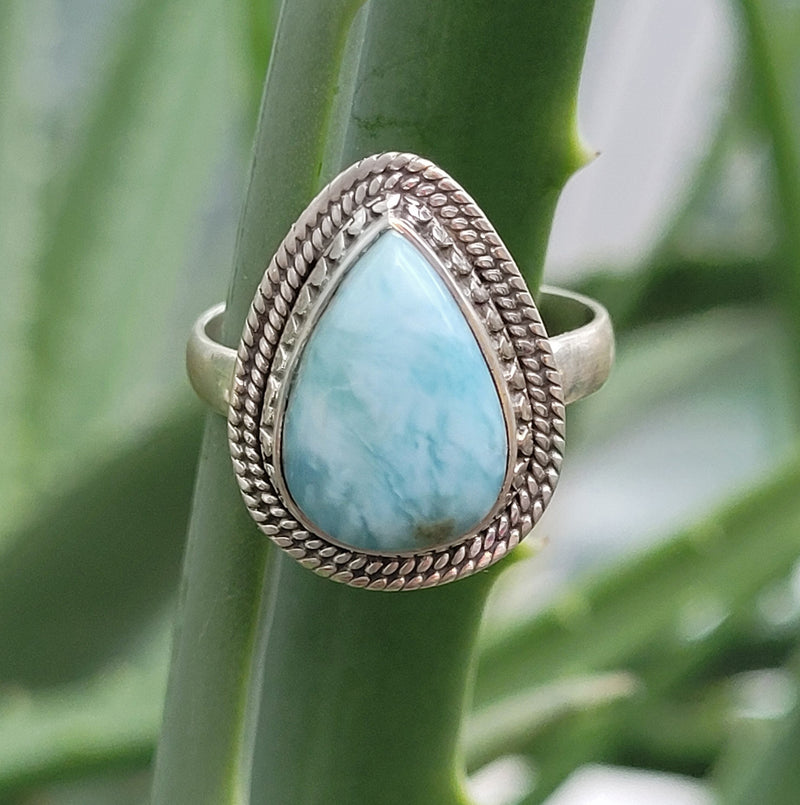 Natural Dominican Larimar Ring, Blue Stone Ring, 925 Sterling Silver Ring, Designer Handmade Statement Ring, Larimar Stone, Tear Drop size 8