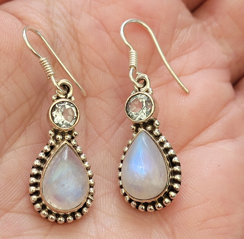 Moonstone Blue Topaz Stone Earrings, 925 Sterling Silver Earrings, Gemstone Dainty Earrings, White stone Earrings, Long Dangle Earrings