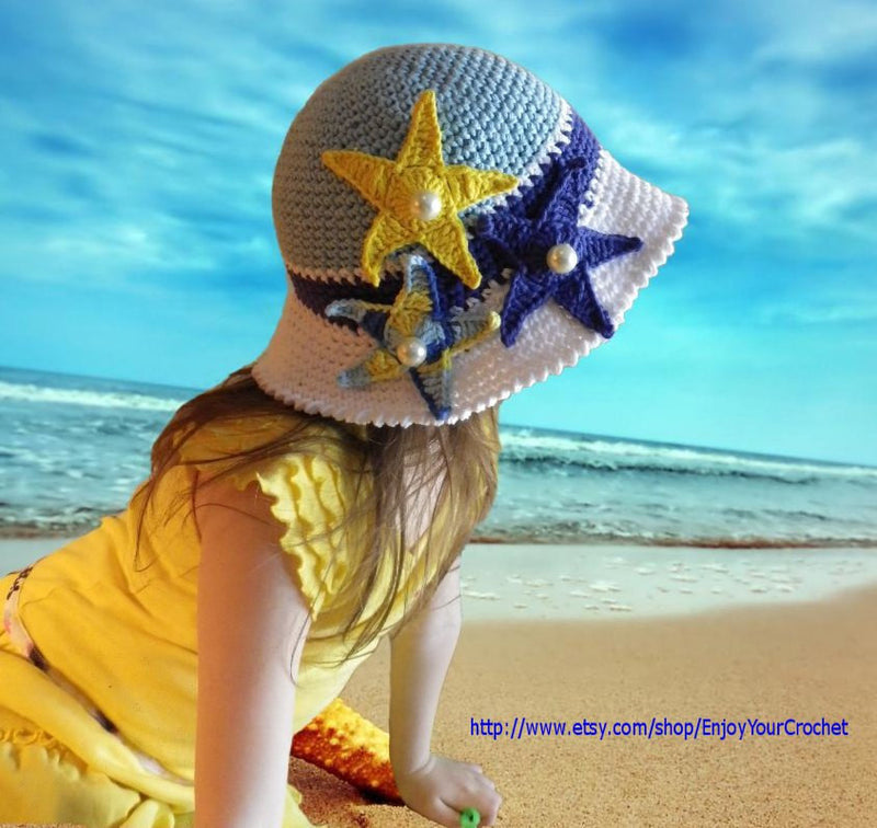 CROCHET HAT PATTERN-Summer Hat Pattern, Baby Beach Hat, Crochet Sun Hat, Summer Hat, Child, Brim, Ocean, Starfish, Sea Star,Baby, Girl, Kids