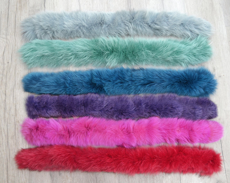 Large Fox Fur Trim, Collar for Hood (PIECES), 80 cm- Gray, Green, Red, Purple, Pink, Blue